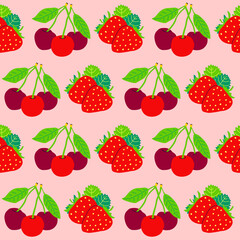 Pattern red strawberries and cherries