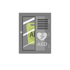 The  automatic external defibrillator or AED inside a aluminum box.