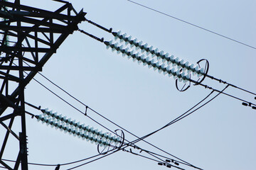 power line construction of cables and insulators close up