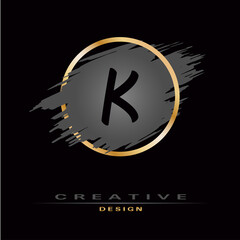Elegant Letter K Logo with Brush Stroke and Gold Circle. Initial Letter Logo Design. Creative template suitable for business company, logotype, emblem, monogram, icon, jewelry, cosmetic and brand name