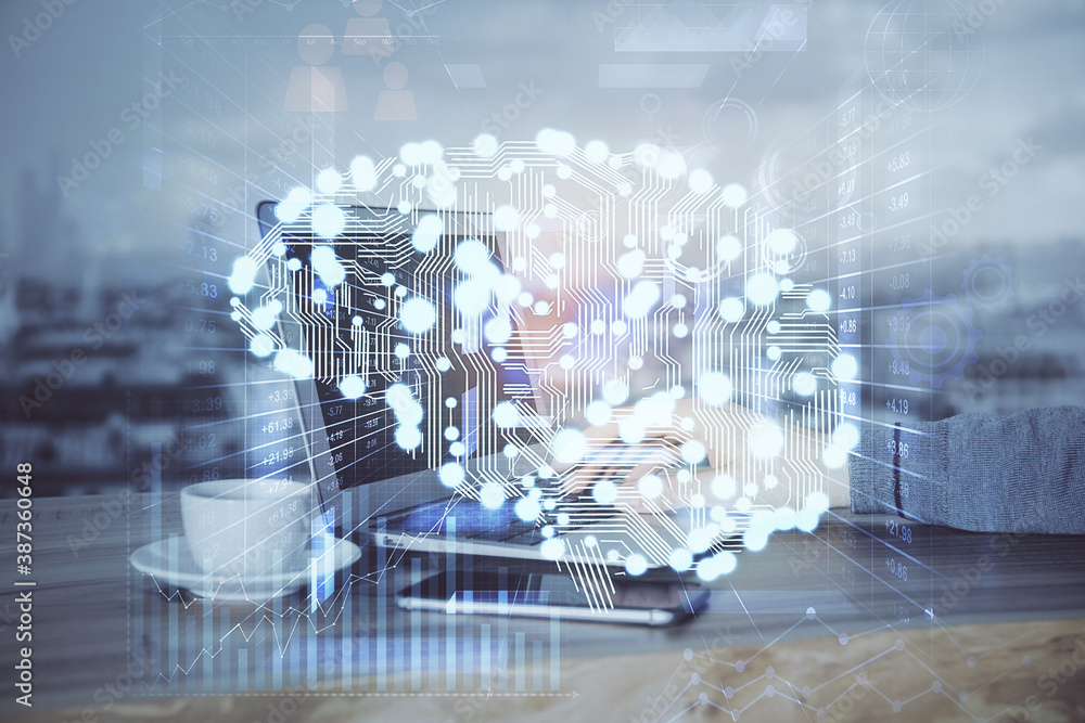 Poster businessman with computer background with brain theme hologram. concept of brainstorm. multi exposur