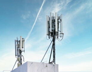 Telecommunication tower of 4G and 5G cellular. Macro Base Station. 5G radio network...