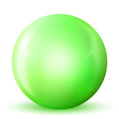 Glass neon green ball or precious pearl. Glossy realistic ball, 3D abstract vector illustration highlighted on a white background. Big metal bubble with shadow.