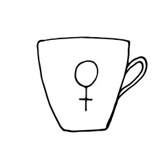 Cup in doodle style with symbol of Venus, woman. Vector over white background.