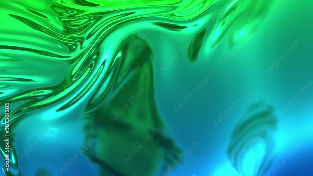 Poster abstract bg of metalic green blue gradient like fabric with folds in 4k. 3d render of wavy cloth sur