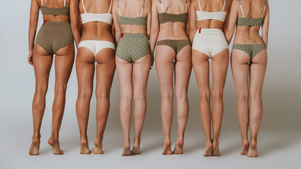 Beautiful girls in underwear. Group of women with different body backs.