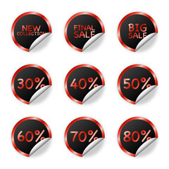 Set of sale stickers with red elements on black background 