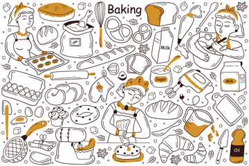 Baking doodle set. Collection of hand drawn templates patterns sketches of cooker chef baker cooking loaf from corn grain demonstrating fresh bakery production on tray. Bread food shop illustration.