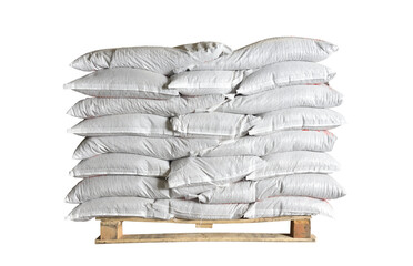 Full white bags stacked on a pallet on isolated white background