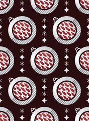 Christmas abstract geometry balls and Christmas trees. Silver geometric seamless pattern on dark red background
