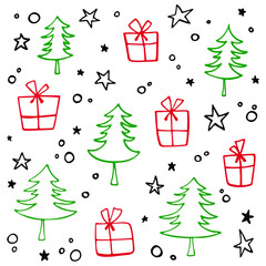 Hand-drawn Christmas trees and gifts.
Isolated on white background. Vector illustration