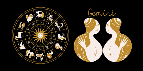 Zodiac sign Gemini. Horoscope and astrology. Full horoscope in the circle. Horoscope wheel zodiac with twelve signs vector. - 387362437