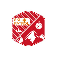 Ski Patrol Label. Vintage Mountain winter sports explorer badge. Outdoor adventure logo design. Travel hand drawn and hipster color emblem. First aid icon symbol. Wilderness