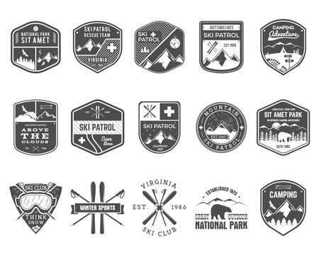 Set of Ski Club, Patrol Labels. Vintage Mountain winter camp explorer badges Outdoor adventure logo design. Travel hand drawn and hipster monochrome insignia. Snowboard icon symbol. Wilderness.