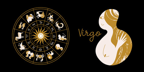 Zodiac sign Virgo. Horoscope and astrology. Full horoscope in the circle. Horoscope wheel zodiac with twelve signs vector. - 387362620
