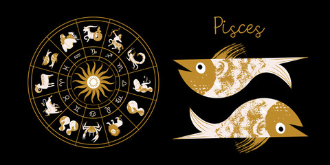 Zodiac sign Pisces. Horoscope and astrology. Full horoscope in the circle. Horoscope wheel zodiac with twelve signs vector. - 387362666