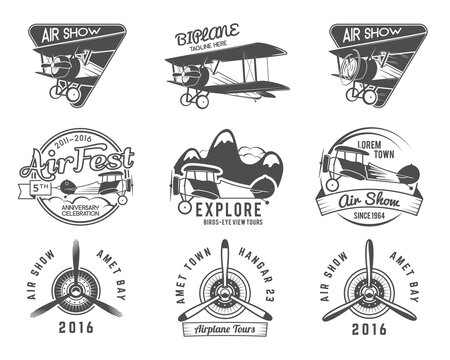 Vintage airplane emblems. Pilot academy. Fly stamp. Retro Plane badges, plane design elements. Aviation stamps collection Aerial logo and logotype. Travel insignia isolate. Vector Jet elements