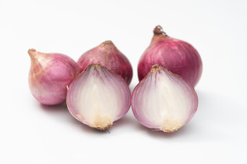 Group of Red onion on a white background, Slide and half onion.