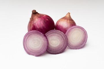 Group of Red onion on a white background, Slide and half onion.