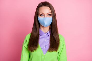 Portrait of nice attractive teacher wear medical mask casual clothes isolated pink pastel color...