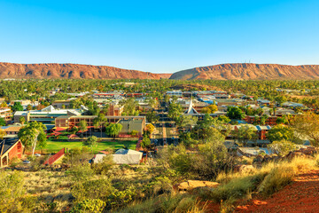 Aerial view of Alice Springs skyline in Australia from Anzac Hill Memorial lookout with main...