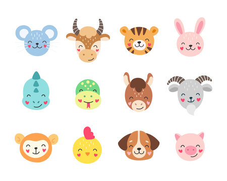 Cartoon Chinese zodiac. Vector illustration of cute animals isolated on white background.