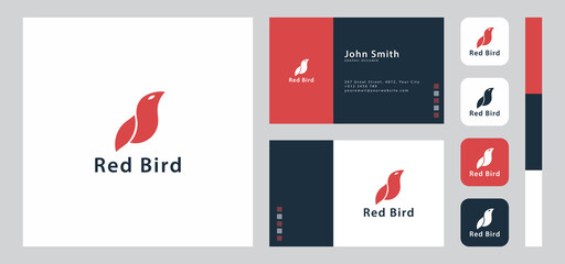 Simple and minimalist red bird logo with business card, icon, and color palette