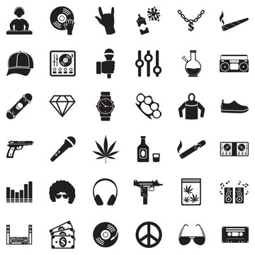 Hip Hop Icons. Black Flat Design. Vector Illustration.