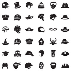 Hats And Masks Icons . Black Flat Design. Vector Illustration.