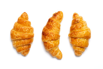 Fresh french croissant with chocolate isolated on white background Continental morning breakfast Top view Flat lay