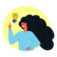 Woman with light bulb, idea concept. Flat illustration.