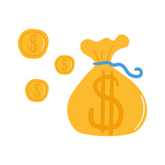 Hand drawn bag of money, coins. Symbol of wealth, cash deposits, investments, Bank account. Flat illustration.