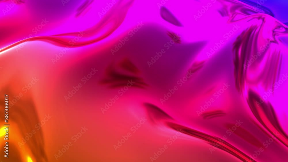 Poster animated metalic rainbow color gradient on fabric with folds in 4k. 3d render of wavy cloth surface 