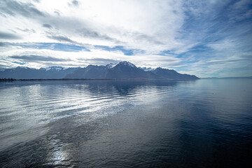 lake leman and alps mountan with snow 