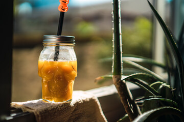 Vaso calavera con liquido naranja junto a dulces de halloween y plantas verdes