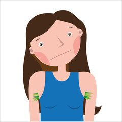 Girl with unshaven armpits that looks like grass on a white background