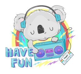 Hand drawn cute koala with radio tape recorder and cassette with retro music in headphones on colored background for t-shirt printing vector illustration © Alsu Art