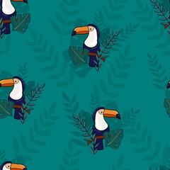Toucan with tropical leaves on background seamless pattern print design for textiles summer tropics vector illustration