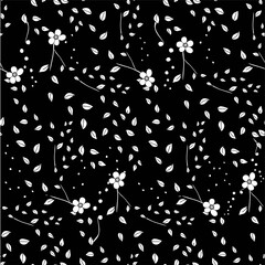 White flower on black seamless background. Botanical endless pattern for fabric print, for wallpaper, for web, for print art design stock monochrome vector illustration for web, for print
