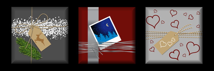 3 cadeaux pour Noël aux emballages originaux en papier de couleur rouge et grise, décorés de flocon de neige, de branches de sapin, de photo, d’étiquettes et de ficelle.