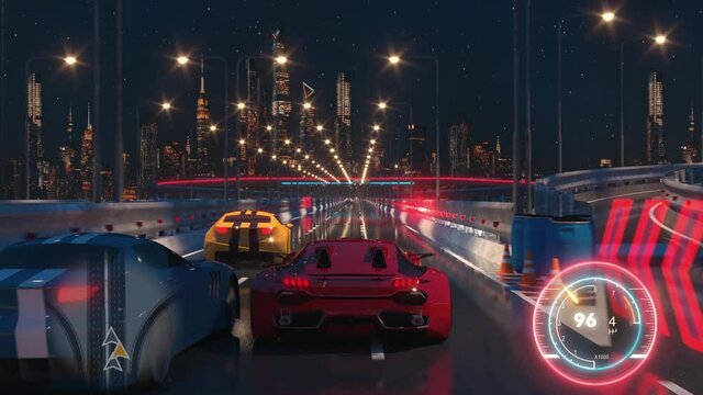 Speed Rasing 3d Video Game Imitation With Interface. Sports Cars Compete On The City Bridge Road At Night. Gameplay Screen.