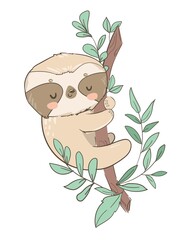 Hand drawn cute animal sloth on the tree vector illustration © Alsu Art