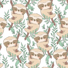 Cute fun sloths on a branch with leaves seamless pattern vector illustration © Alsu Art