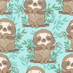 Seamless pattern cute fun sloths on a branch with leaves vector illustration © Alsu Art