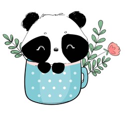 Hand drawn cute panda with cup and succulent and leaves vector illustration