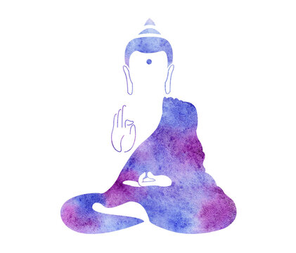 recommend clip art: Watercolor purple buddha. Symbol of buddha isolated on white background. Indian, Buddhism, Spiritual motifs. Tattoo, yoga, spirituality. Buddha silhouette