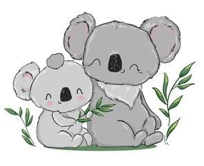 Hand drawn baby koala with mom koala sitting eucalyptus cute vector illustration © Alsu Art
