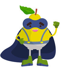 Funny fruit superhero. Pear in cartoon style.