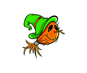 Halloween orange pumpkins with green hat vector illustrations. Design for t-shirt, stamp, label, logo, etc. isolated vector graphic.