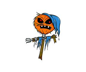 Halloween angry monster orange pumpkins with green hat vector illustrations. Design for t-shirt, stamp, label, logo, etc. isolated vector graphic.